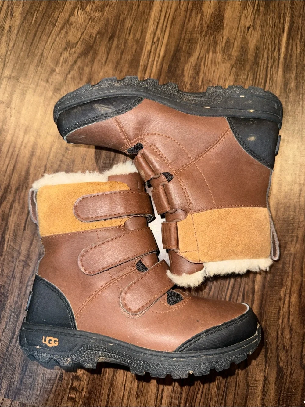 Kids Ugg Brown Shearling-Lined Winter Boots - Velcro Closure